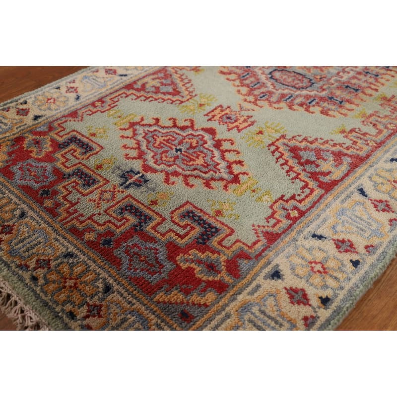 Green Geometric Viss Indian Runner Rug Hand-Knotted Wool Carpet - 2'6"x 7'11"