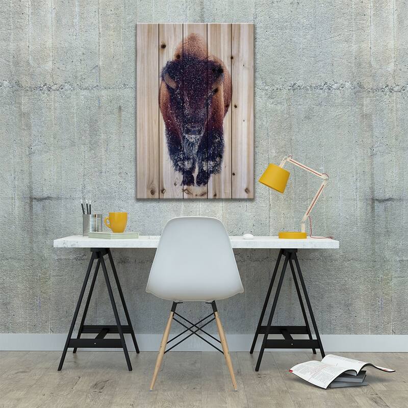 Bison In Snow Print On Wood by OLena Art - Multi-Color