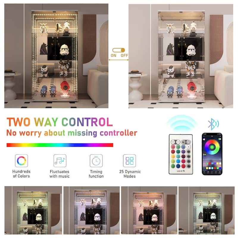 Glass Display Cabinet,Liquor Cabinet,File Cabinet,With Bluetooth Led Strip Light,Lock On The Door,Back Panel Is Mirror