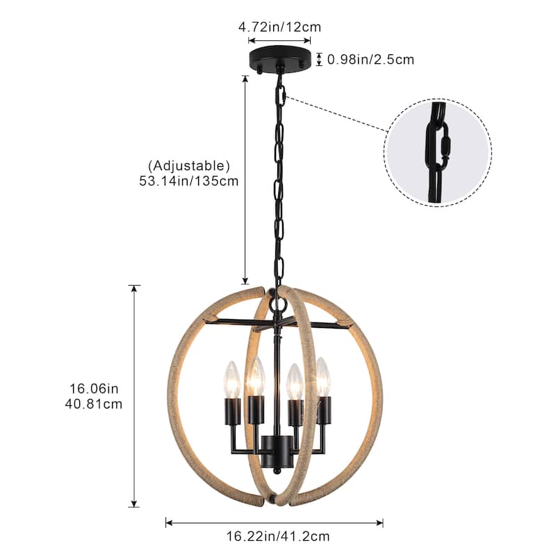 4-Light Beige Brown Hemp Rope Globe Chandelier - Beige Brown