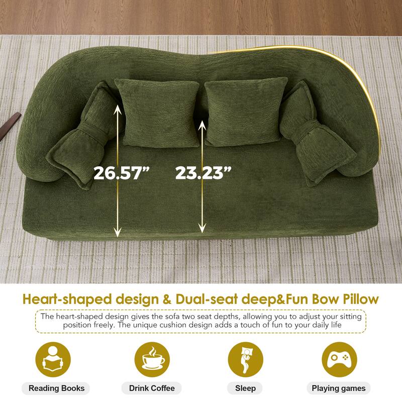 Modern 2-in-1 2-Seater Sofa Folding Sofa Bed with 4 Pillows, Chenille Fabric, for Apartment Living Rooms, Green
