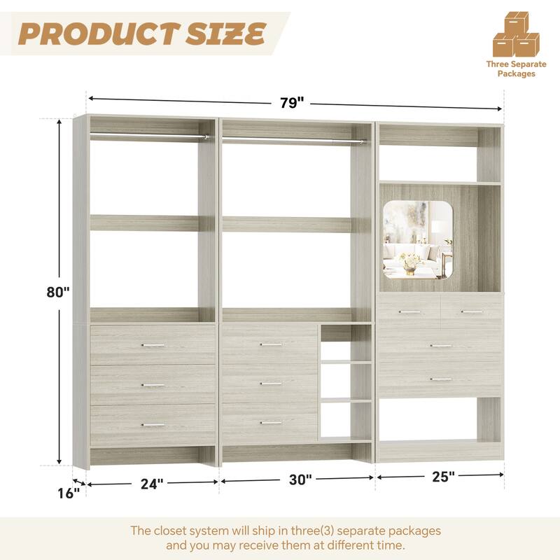 Cimly Set of 3 Closet Organizers with Drawers and Mirror, Freestanding Closet System with Hanging Rods