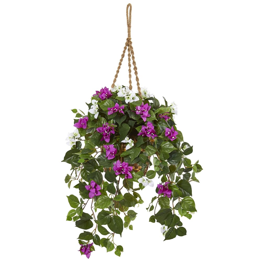 Artificial Hanging Basket Plant - Bougainvillea Silk Flowers - Purple Decorative Home Décor