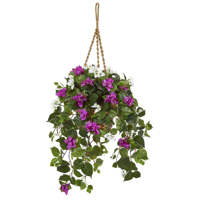 Artificial Hanging Basket Plant - Bougainvillea Silk Flowers - Purple Decorative Home Décor