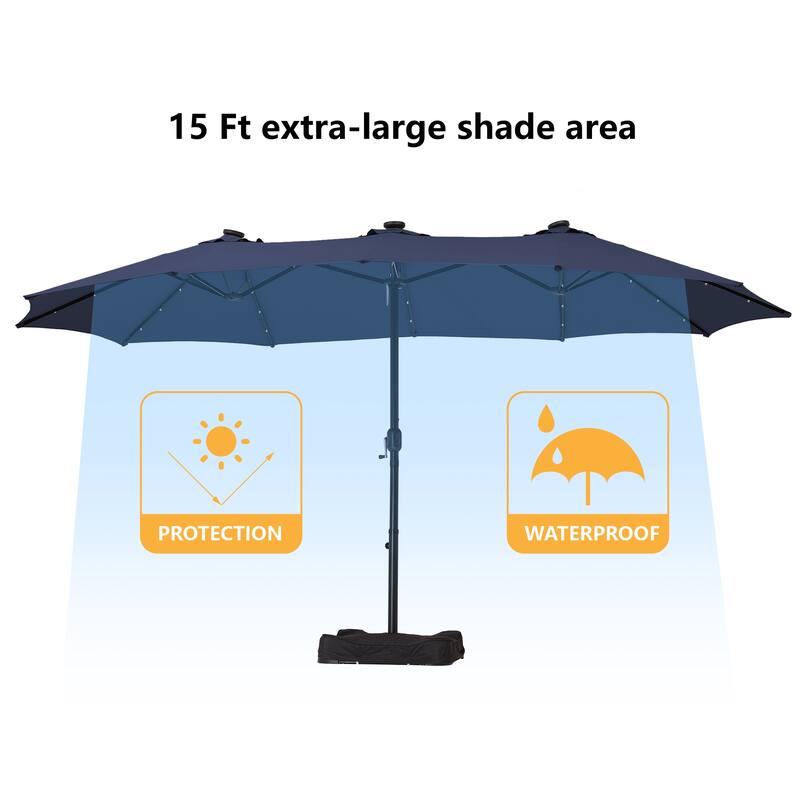 Clihome 15FT Double-Sided Solar Light Market Crank Umbrella with Base