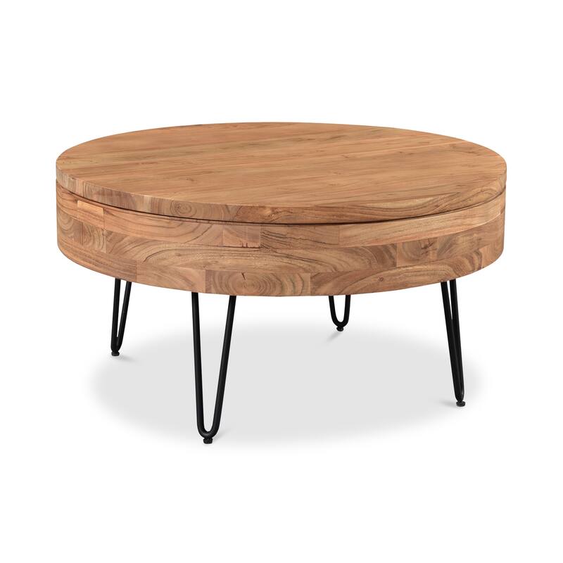 NADAAL STUDIOS Tarian Coffee Table, Round Solid Acacia Wood with Iron Hairpin Legs and Hidden Storage, Natural Finish