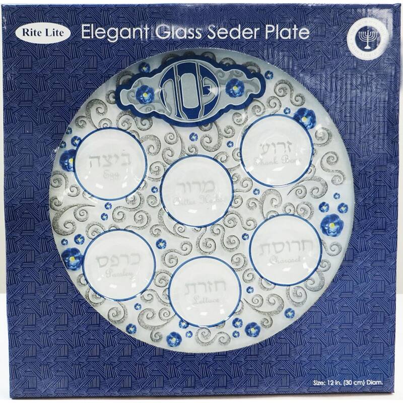 12" Elegant Blue and Gray Glass Passover Round Seder Plate