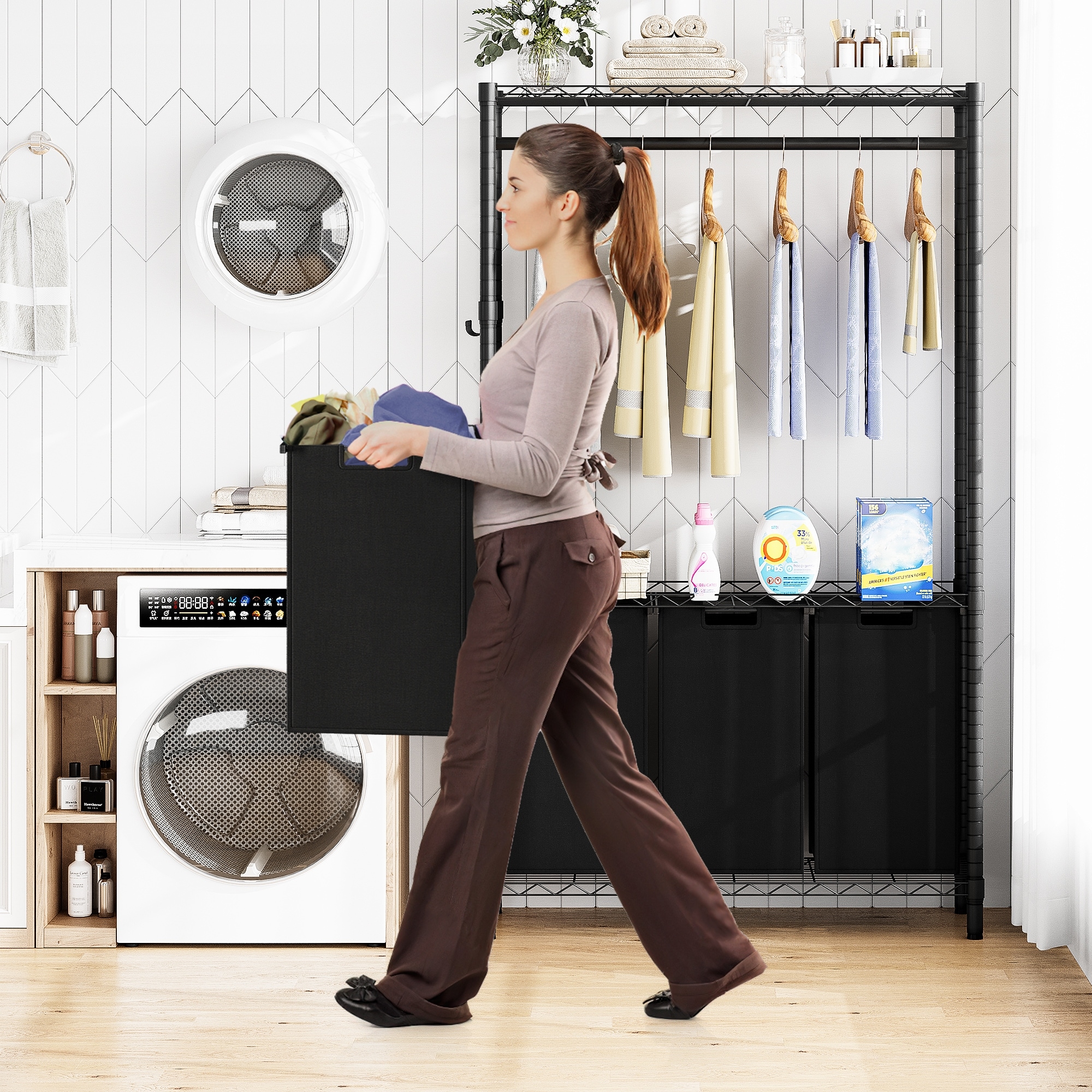 Laundry Hamper Sorter with Garment Rack Hanging Rod Storage Shelf On Sale Bed Bath Beyond 39762834