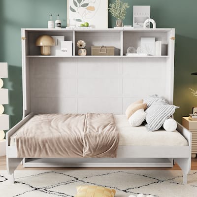 Convertible Antique White Full Size Murphy Bed with Integrated Desk & Overhead Storage Cabinetry