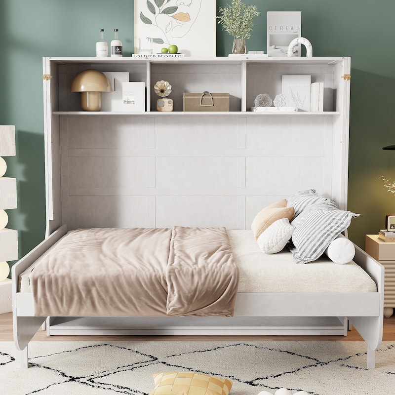 Convertible Desk Murphy Bed Frame, Full Size Platform Bed Folding Into Cabinet Bed with Wooden Slats Support for Bedroom - White