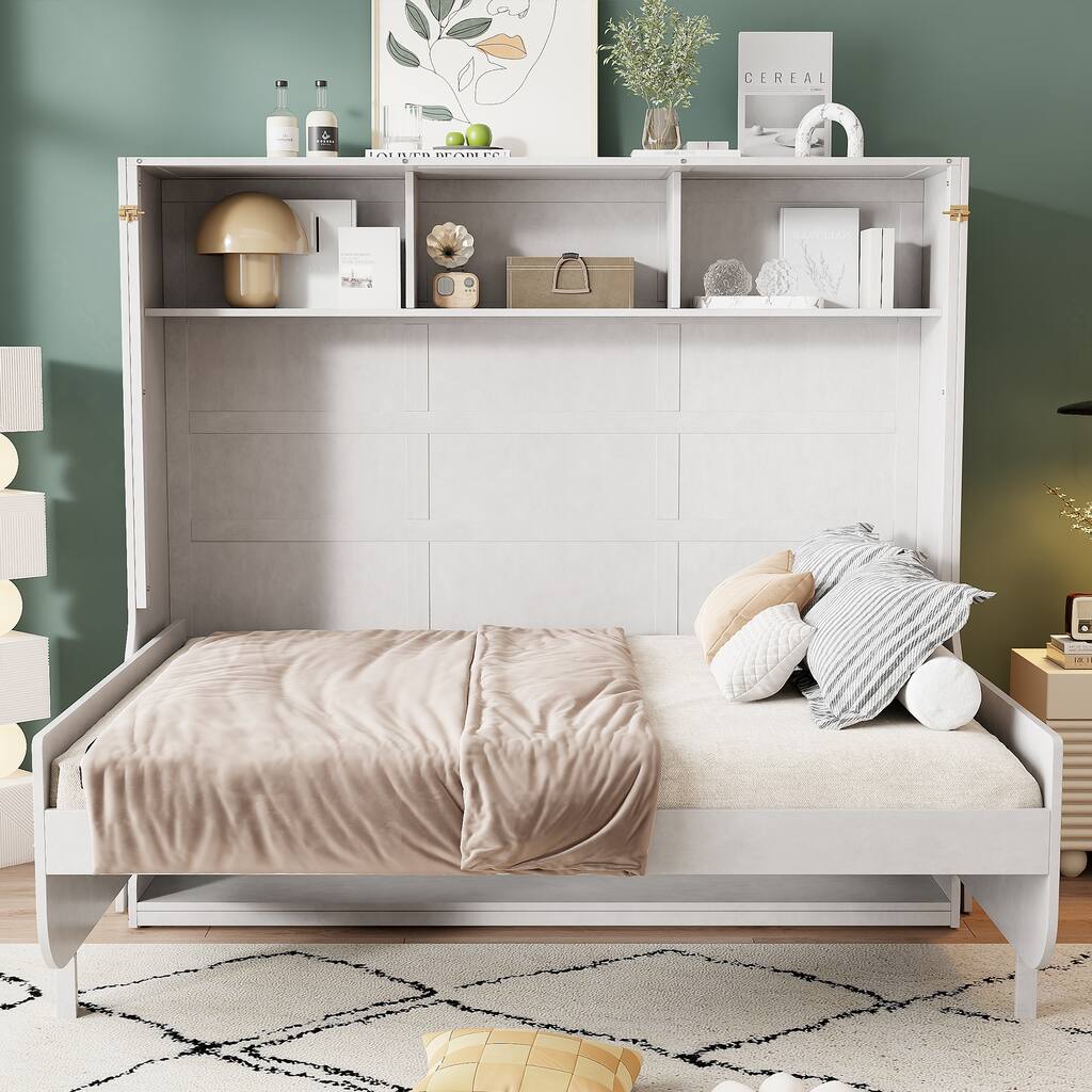 Convertible Desk Murphy Bed Frame, Full Size Platform Bed Folding Into Cabinet Bed with Wooden Slats Support for Bedroom