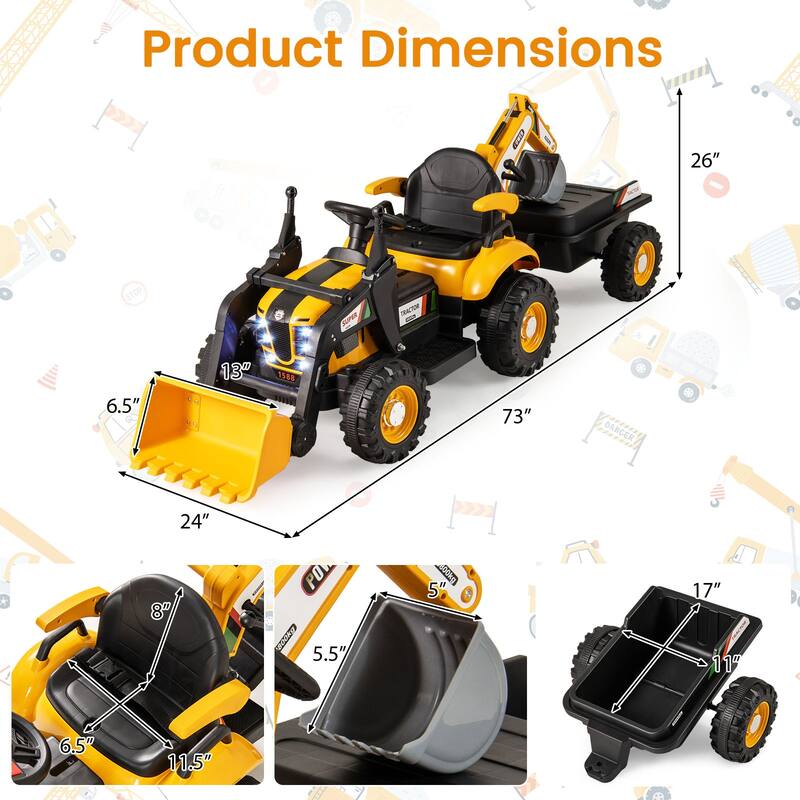 Gymax 4 in 1 Ride on Tractor Excavator & Bulldozer for Kids Trailer