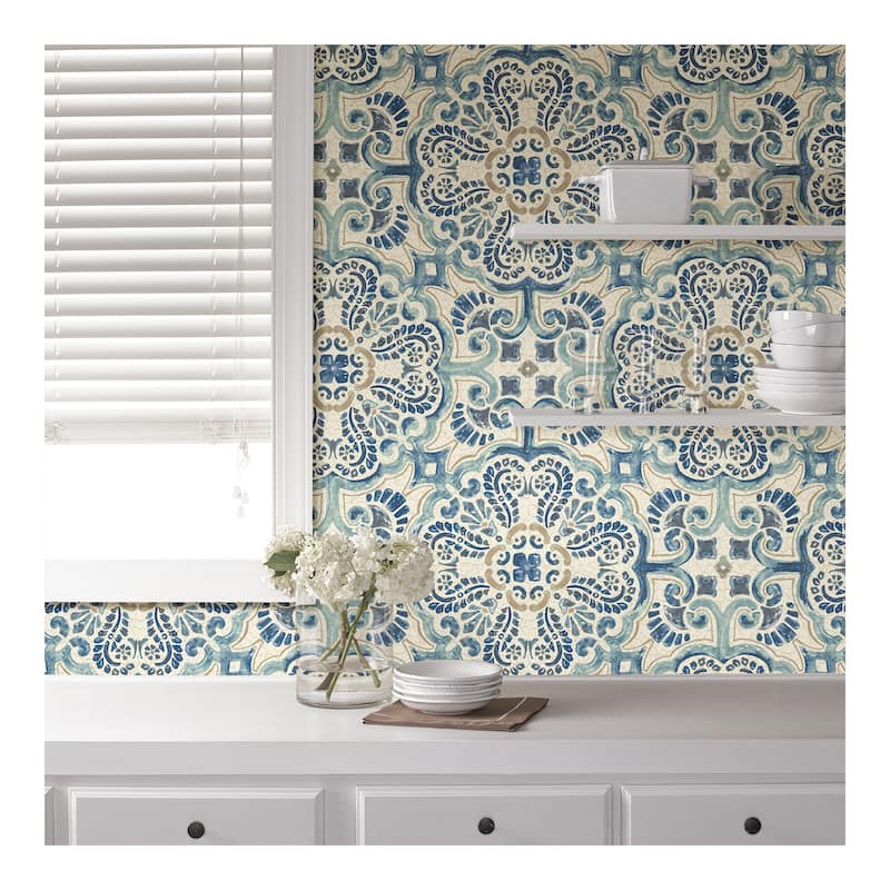 NuWallpaper Blue Florentine Tile Peel & Stick Wallpaper - 216in x 20.5in x 0.025in