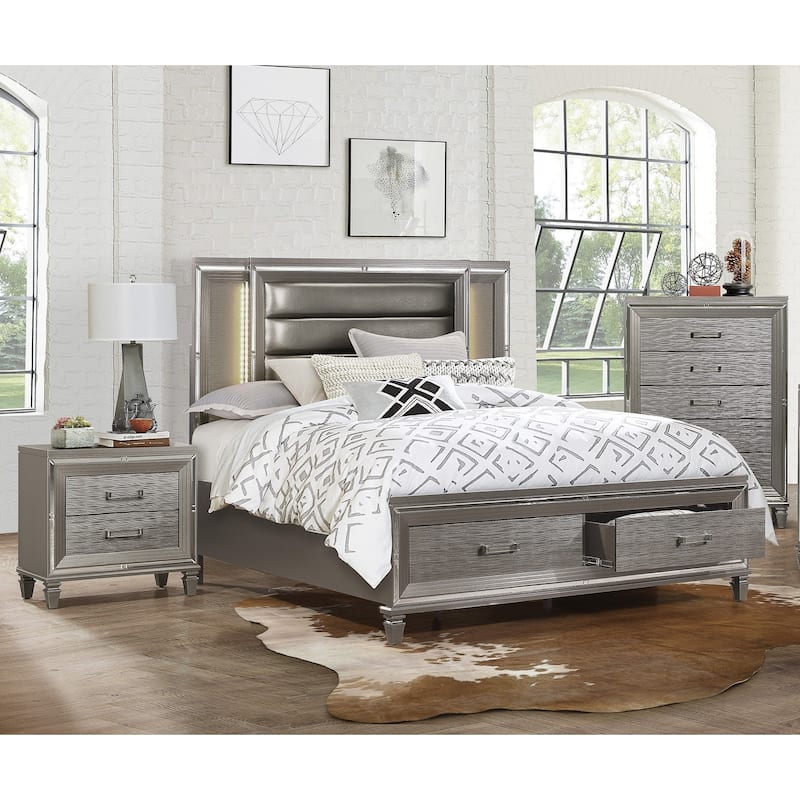 Glam Style Bedroom Set 3pc LED Light Bed Nightstand Chest