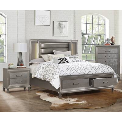 Glam Style Bedroom Set 3pc LED Light Bed Nightstand Chest