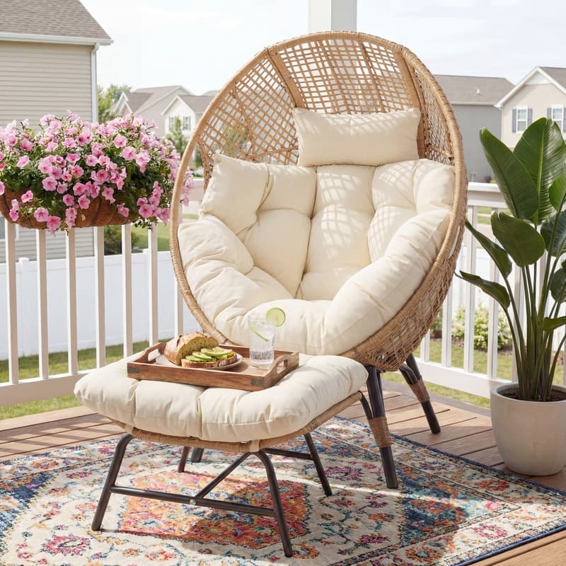 Oversized Wicker Egg Chair with Ottoman, 6.5" Thick Cushions, 440 lb Capacity, Stationary Boho Indoor/Outdoor Lounge Chair - Beige