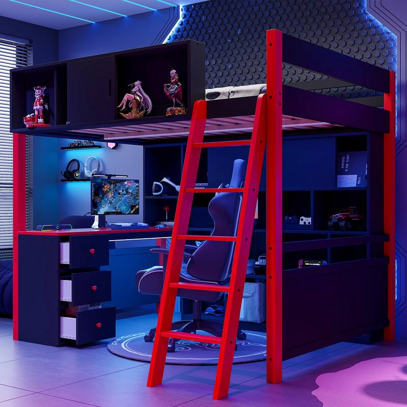 Roomfitters Full Size Gaming Loft Bed with Desk, Wall Shelves and RGB Light, Esports Hub