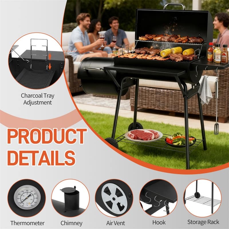 Barrel Charcoal Grill With Offset Smoker And Warming Rack Outdoor BBQ Grill For Backyard Patio Parties - N/A