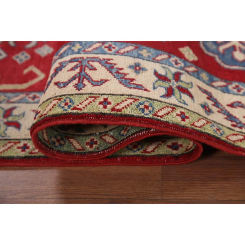Hand Knotted Oriental 100% Wool Carpet Traditional Geometric Red Kazak Runner Rug - 8' 1'' X 2' 9''
