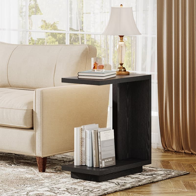 C-shaped Side Table Set Of 2, 2-tier Narrow End Table Wood Nightstand