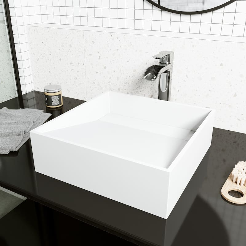 VIGO Starr 15"L x 15"W MatteStone Vessel Sink and Niko 11"H Faucet Set - Matte White