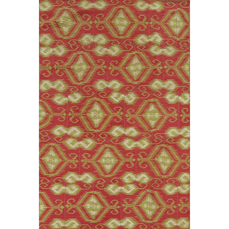 Geometric Kilim Oriental Area Rug Flatweave Pink Wool Carpet - 5'11"x 8'10"