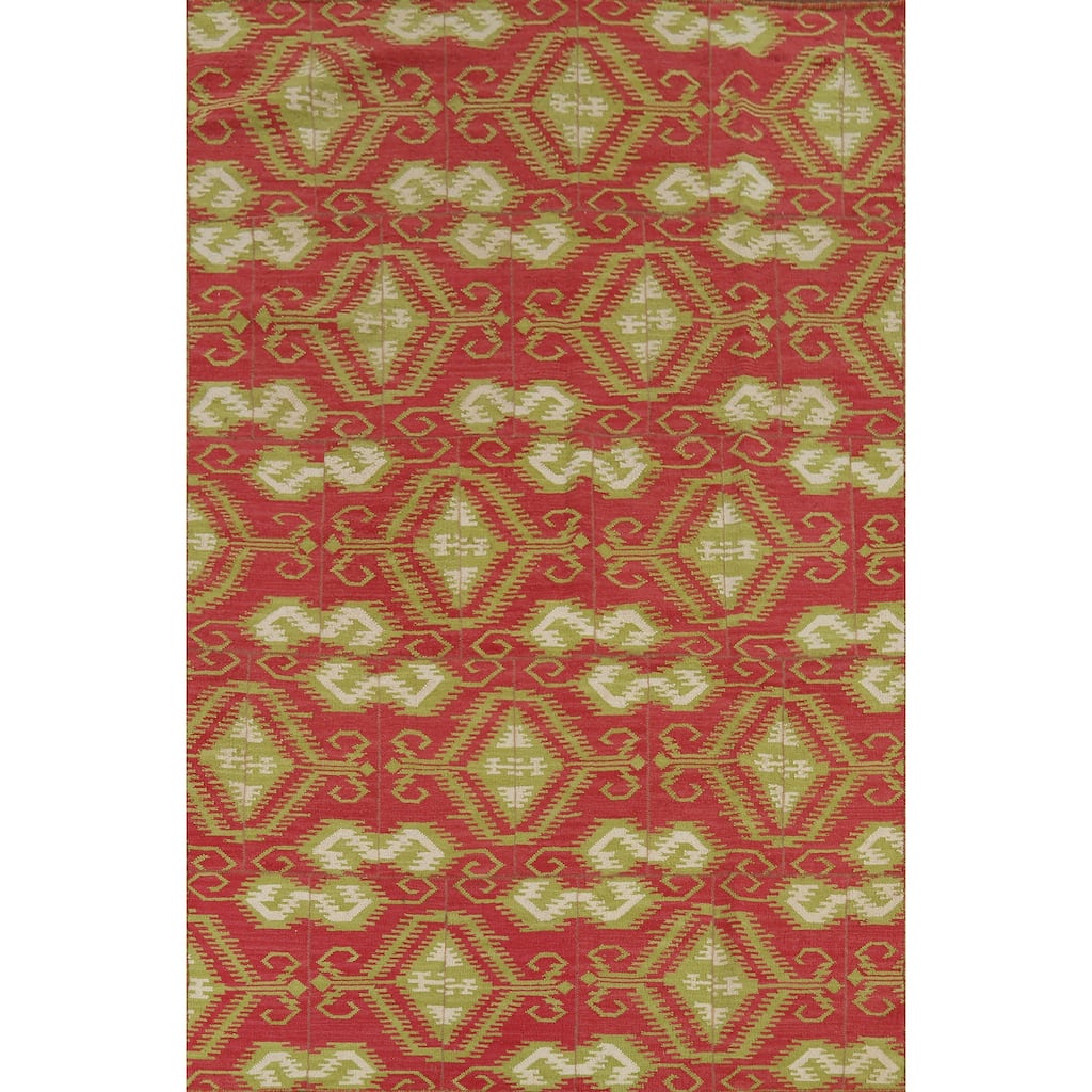 Geometric Kilim Oriental Area Rug Flatweave Pink Wool Carpet - 5'11"x 8'10"