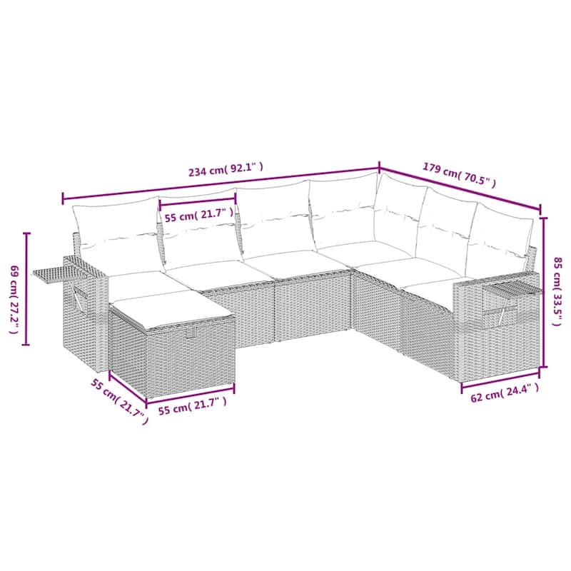 vidaXL Patio Sofa Set with Cushions Outdoor Conversation Furniture Poly Rattan - 24.4" x 24.4" x 27.2"