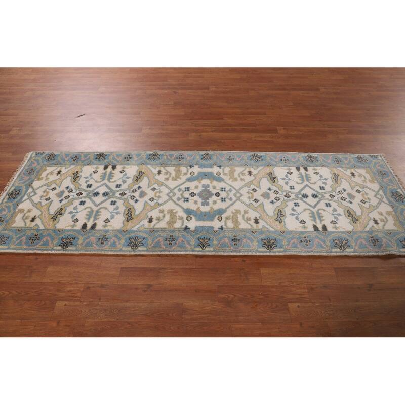 Ivory & Light Blue Oushak Oriental Runner Rug Hand-Knotted Wool Carpet - 2'7"x 7'9"
