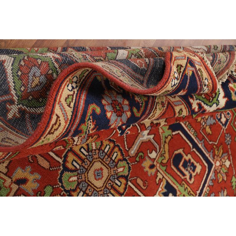 Orange Geometric Heriz Serapi Indian Area Rug Handmade Wool Carpet - 9'2" x 11'10"