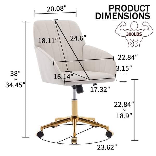 dimension image slide 5 of 8, Adjustable Velvet Office Chair with Wheels, Ergonomic Swivel Study Desk Chair, Upholstered Task Chair with Backrest Seat - N/A