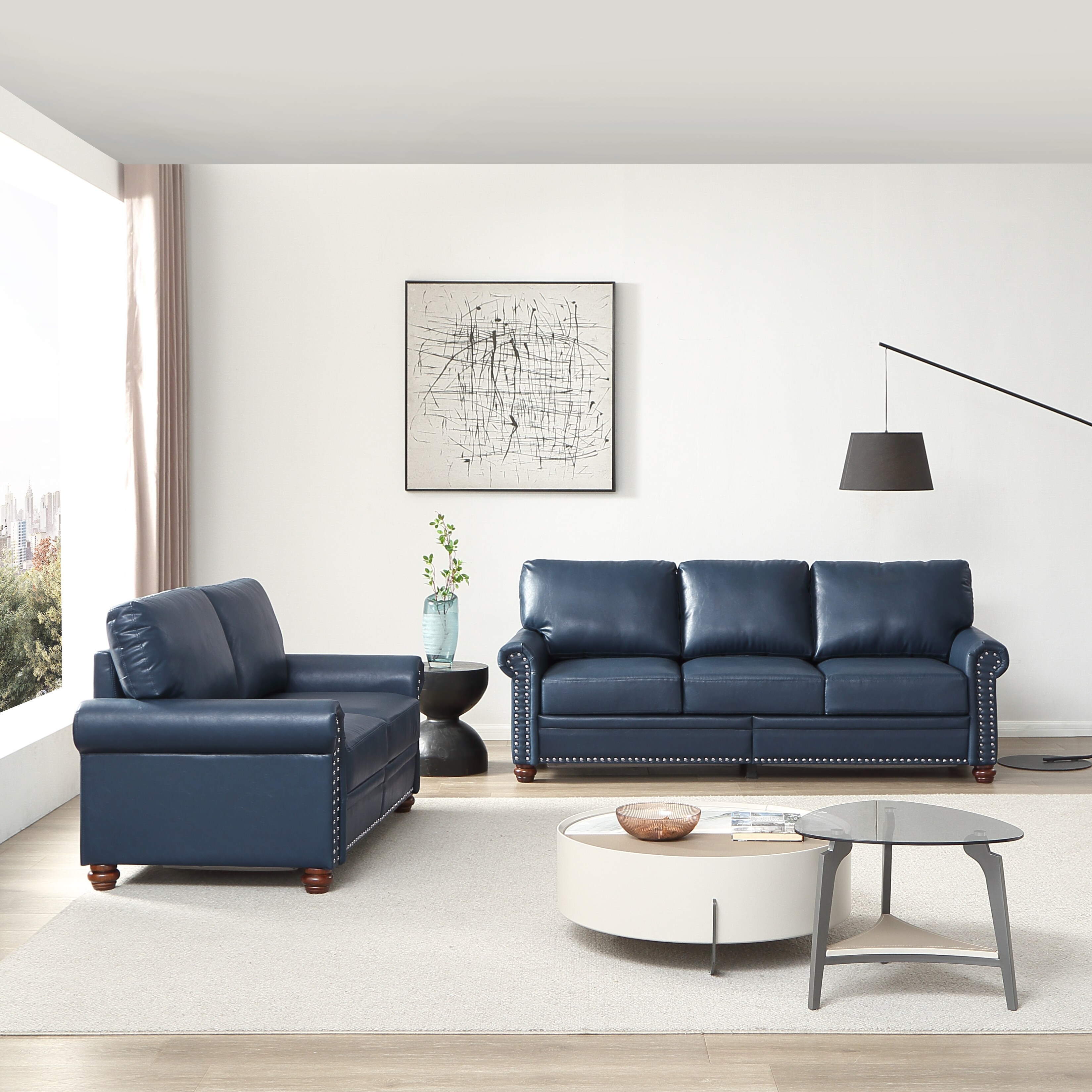 Navy blue leather sales sofa set