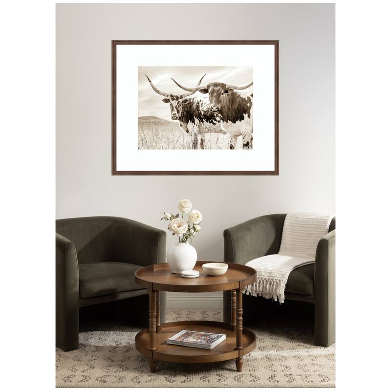 Kate and Laurel Sepia Texas Longhorn Cattle in Pasture by The Creative Bunch Studio Framed Wall Art Print