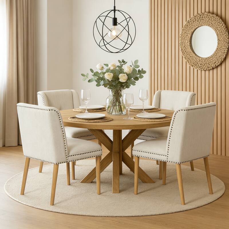 Christopher Knight Home - Light Luxury Upholstered Dining Chair with Rivet Trim & Rubber Wood Legs - Set of 4 - Beige+Natural