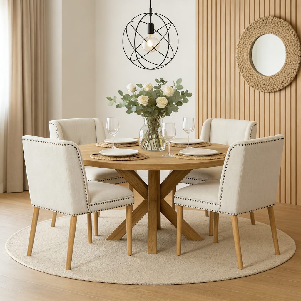 Christopher Knight Home - Light Luxury Upholstered Dining Chair with Rivet Trim & Rubber Wood Legs