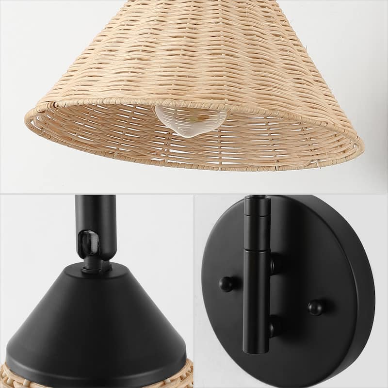 Lily 11" 1-Light Vintage Coastal Rattan/Metal Swing Arm LED Sconce, Black/Natural, by JONATHAN Y