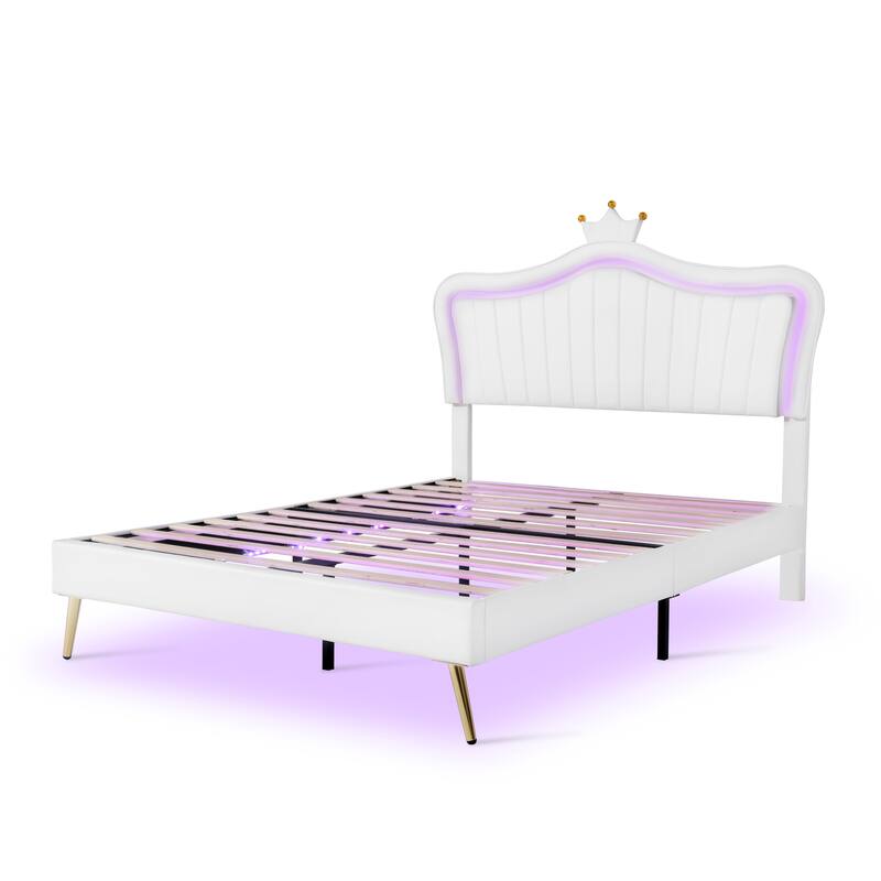 Modern Crown Headboard Upholstered Bed Frame with LED Lights
