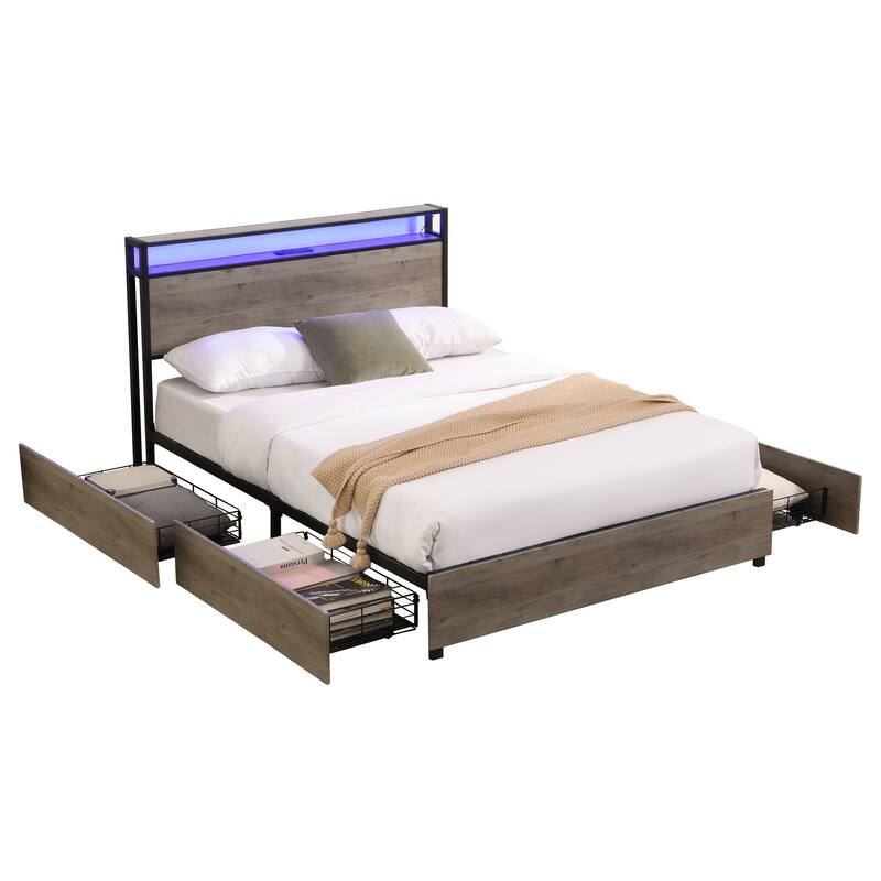 Noise Free Metal Bed Frame with 4 Drawers, Wooden Headboard, LED Lights, Charging Station, Easy Assembly