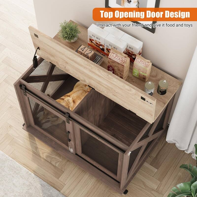 Large Wooden Dog Crate Kennel Furniture Side End Table with Flip Top and Movable Divider
