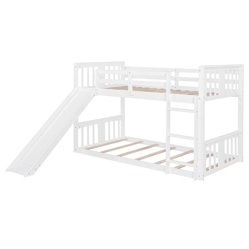 Wooden Twin Over Twin Bunk Bed with Slide and Ladder, Space-Saving Design for Kids and Teens