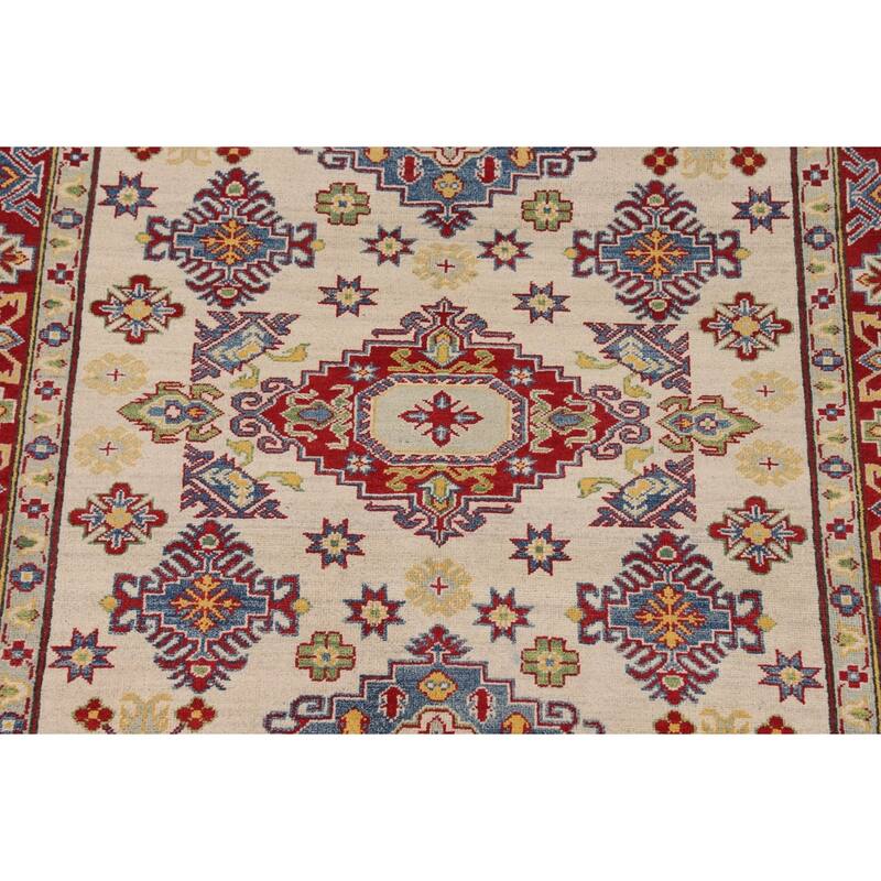 Beige Geometric Kazak Oriental Area Rug Hand-Knotted Wool Carpet - 5'1" x 6'6"