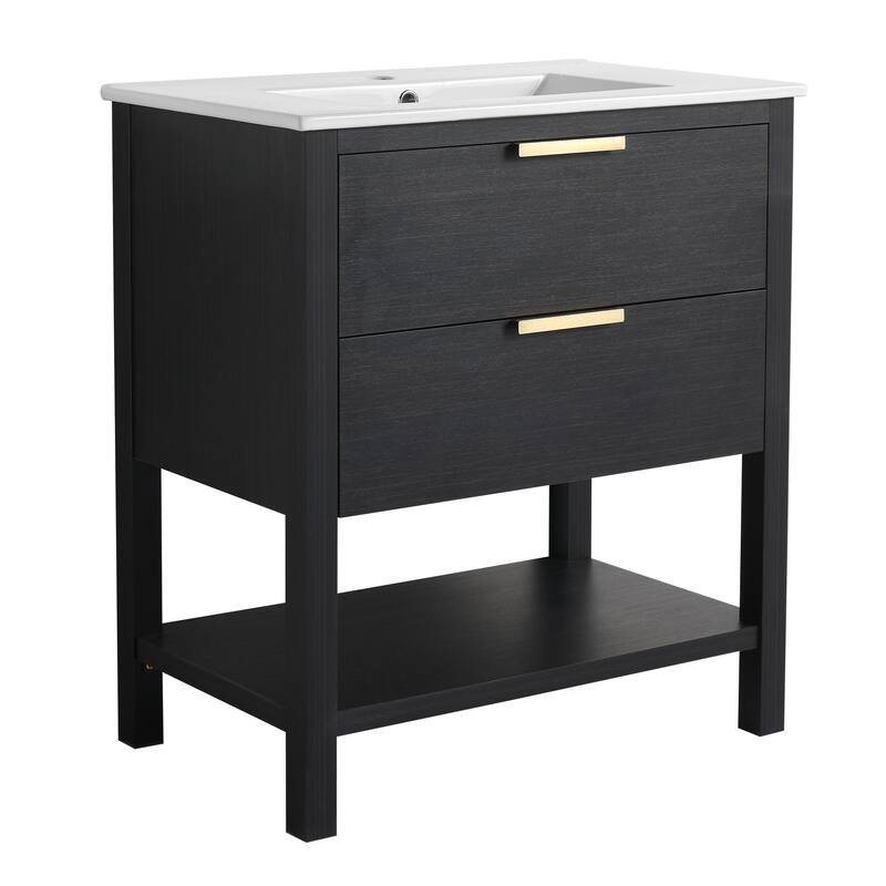 30" Bathroom Vanity with Ceramic Sink, Freestanding, Soft Closing Drawers, 4 Wood Feet, Durable and Water-Resistant