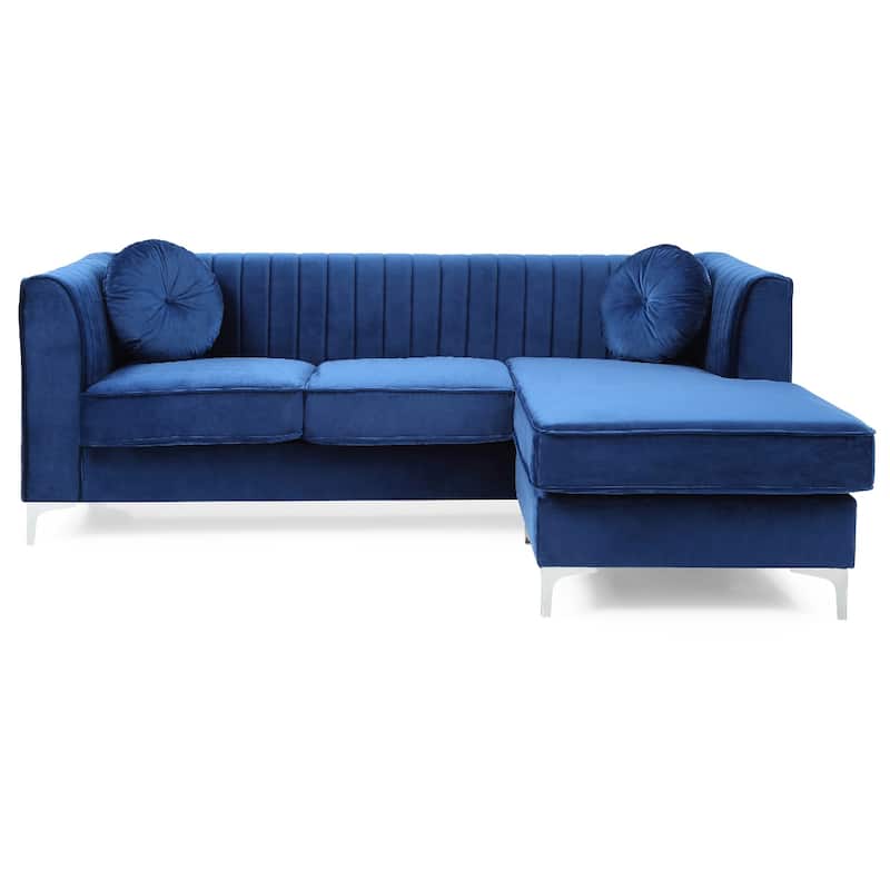 Channel Tufted Velvet L Shape Sectional Sofa with Throw Pillows - 87" - Blue