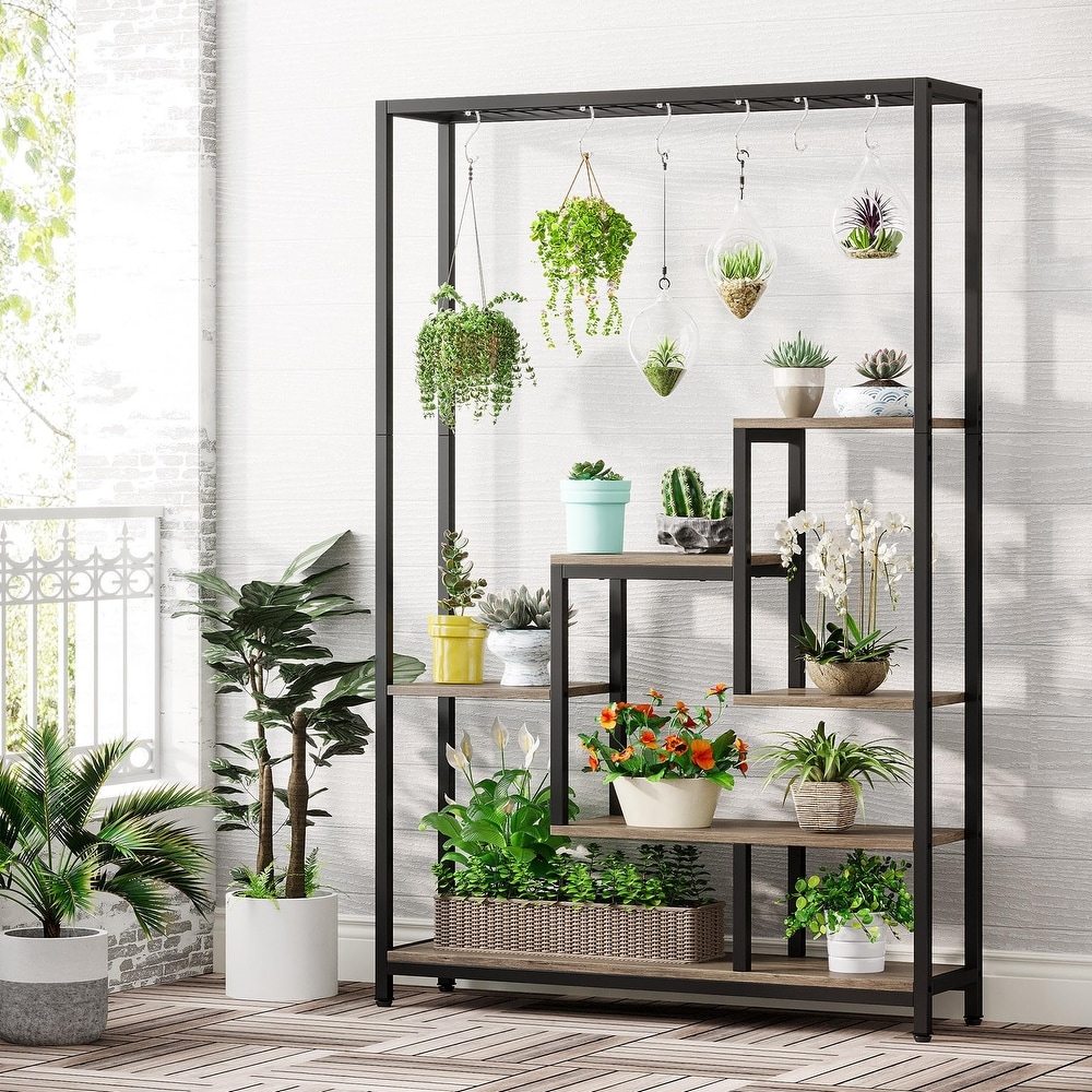 5 Tier Metal Plant Stand with Hanging Loop, Plant Shelf Holder for