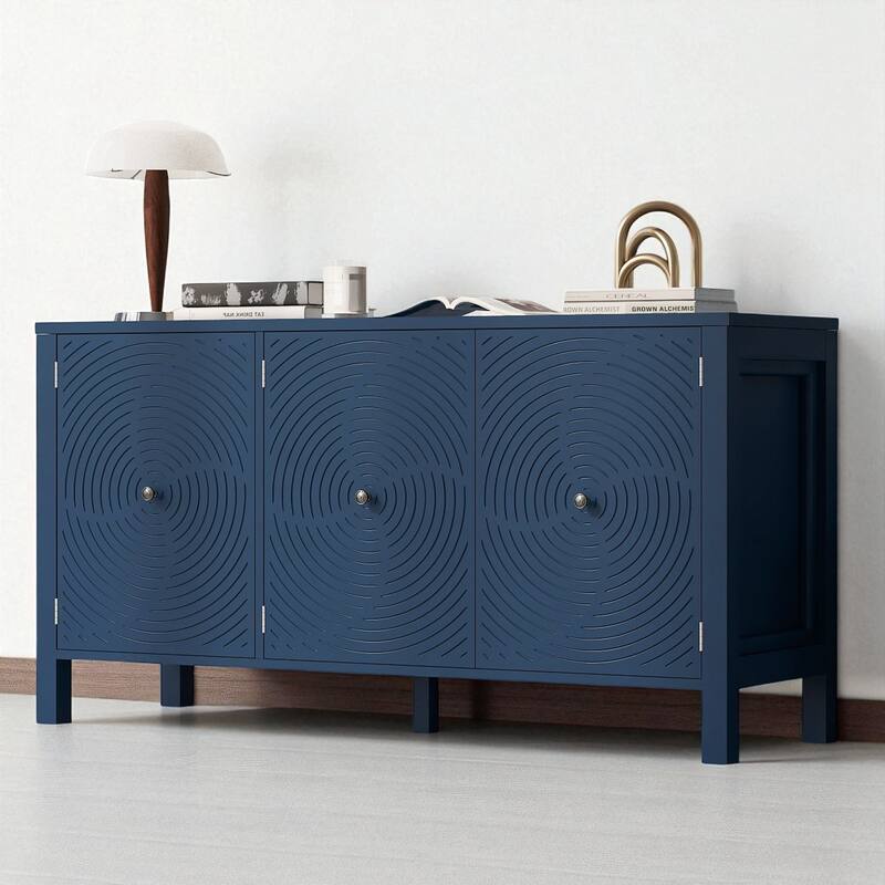 Artistic 3-Door Sideboard with Curved Swirl Patterned Doors, Storage Cabinet with Central Support Leg - 56.10" W
