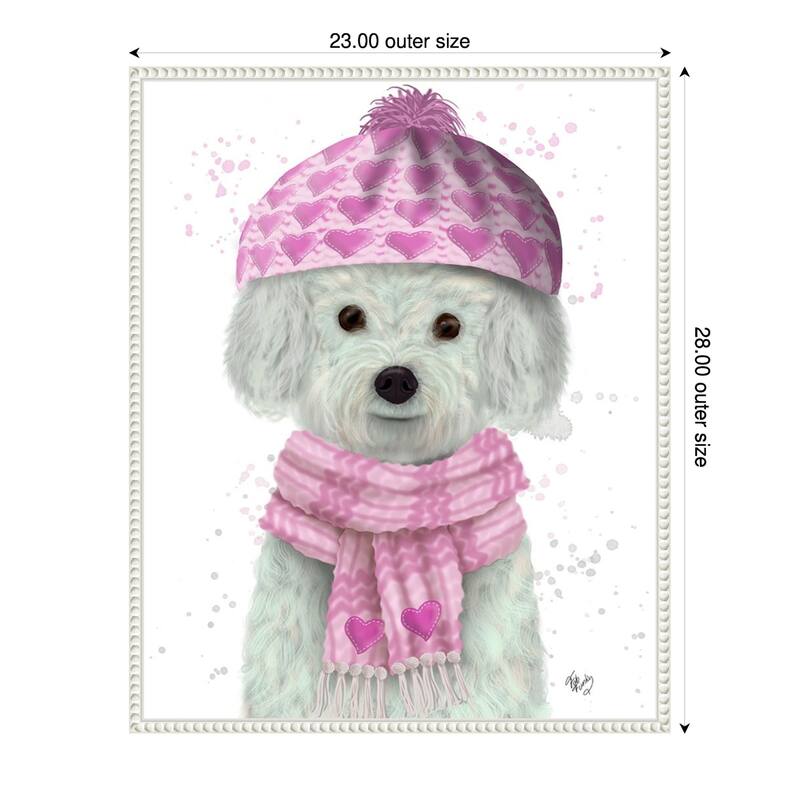 Bichon Frise in Pink Bobble Hat by Fab Funky (23 x 28 in.), Framed Canvas Wall Art Print - Sylvie Beaded White