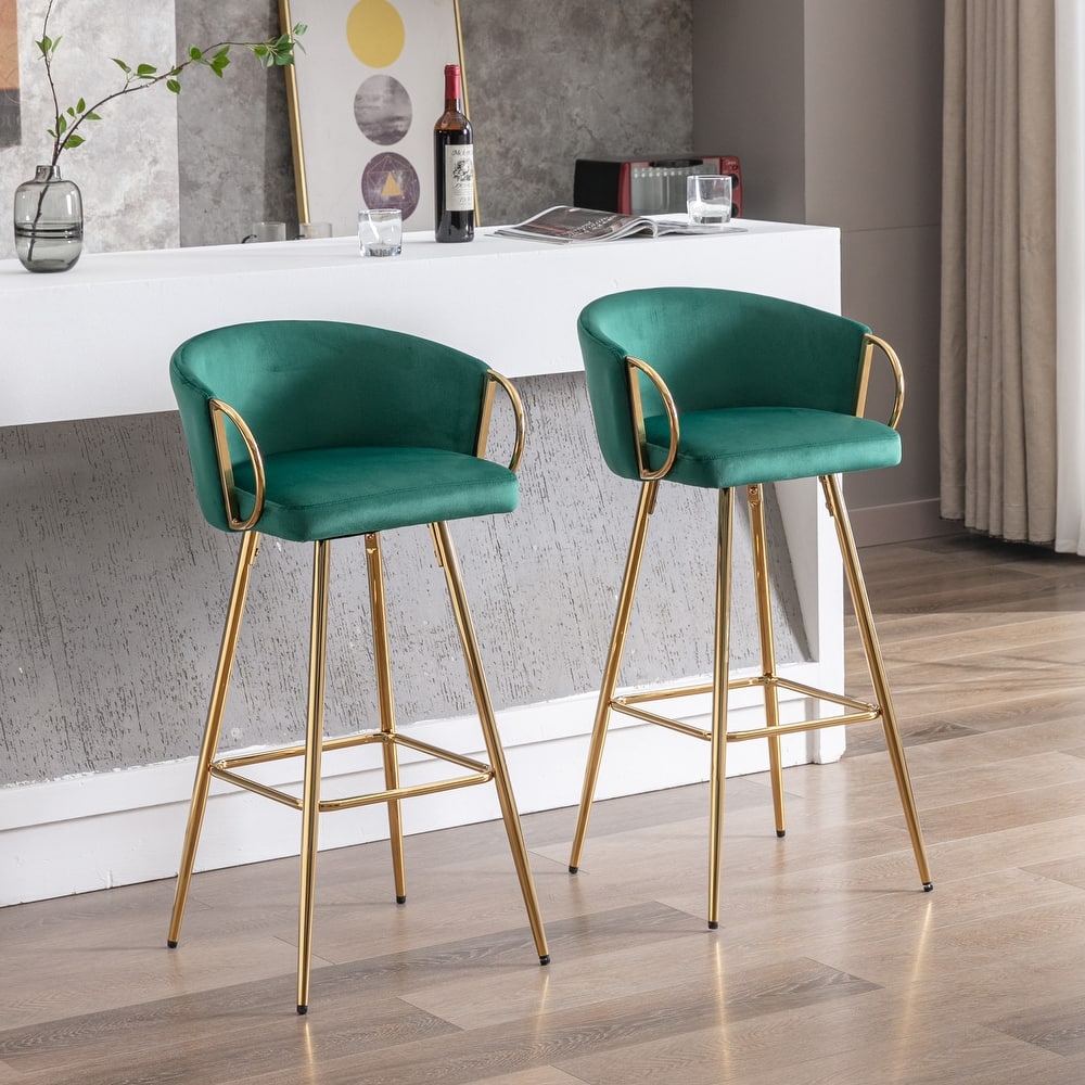 Simple Bar Stools Set of 2 Velvet Accent Chairs with Golden Legs