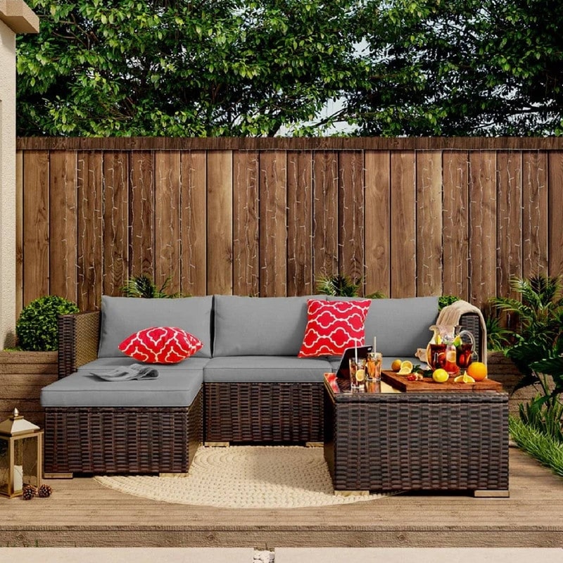 5-Pieces Outdoor Sectional Set, Patio Conversation Set, Rattan Sectional Sofa Set with Coffee Table