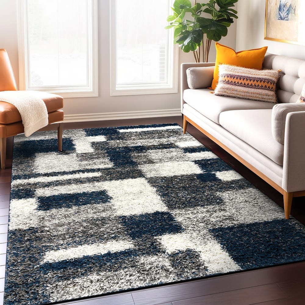 World Rug Gallery Distressed Modern Boxes Plush Shag Area Rug