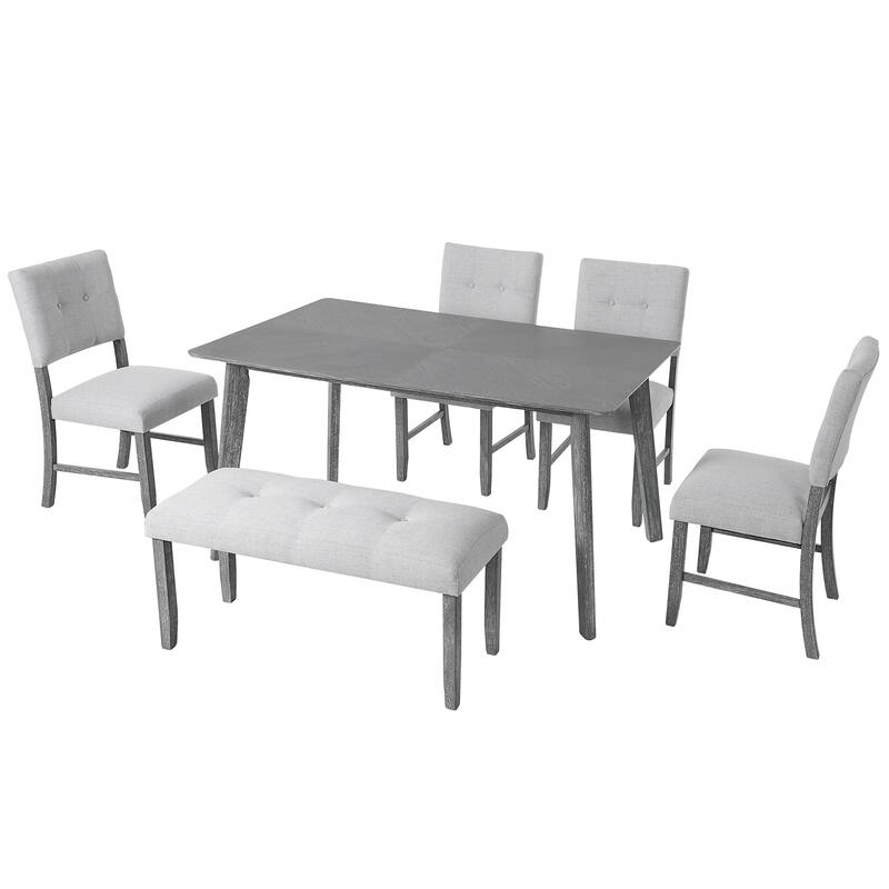 6 Piece Dining Room Table Set, Rustic Farmhouse Dining Room Rectangular Table with 4 Upholstered Chairs and Bench, Solid